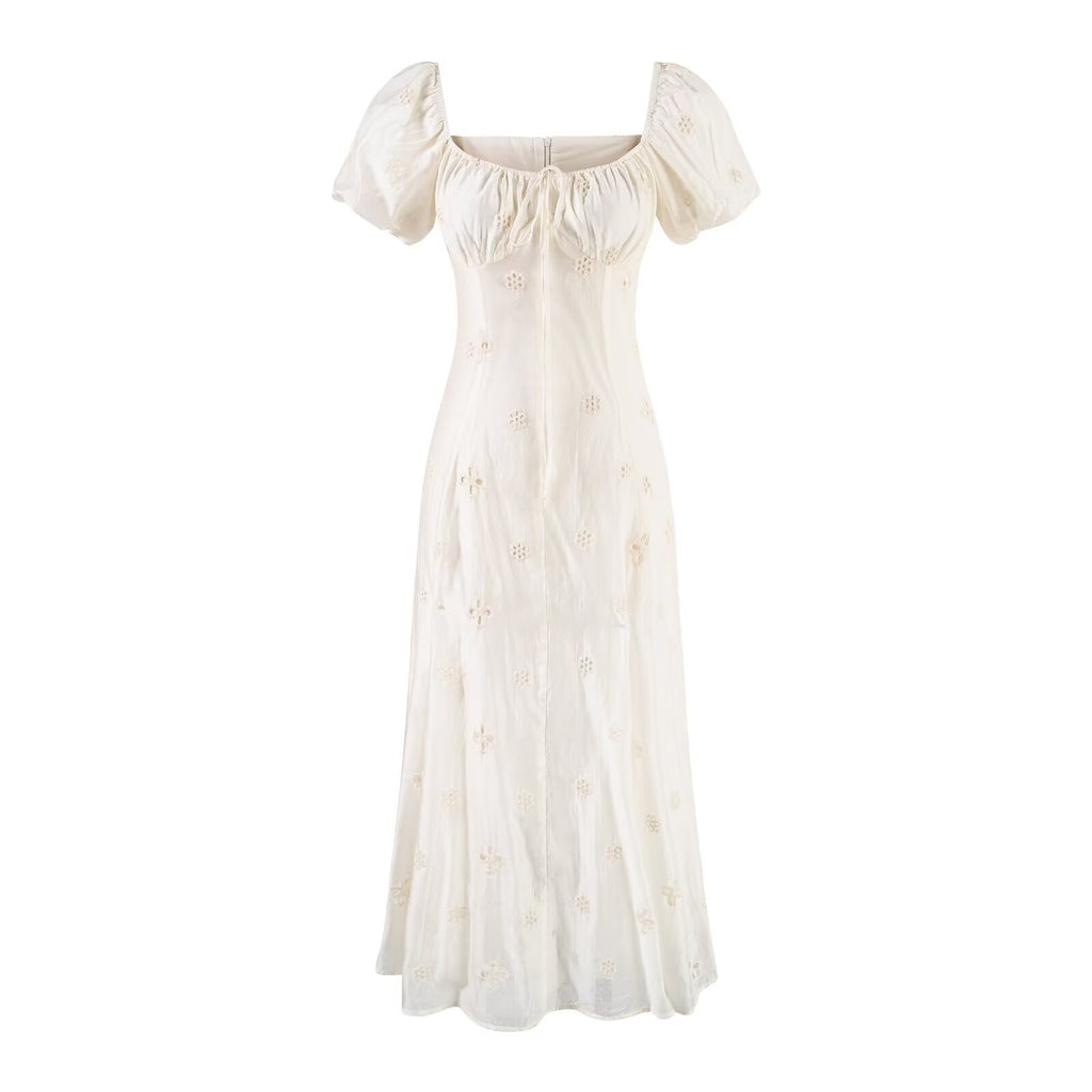 Gentle Sexy Dignified Hollow Out Cutout Embroidery Tie Neck Dress Women Summer Holiday Slimming Dress