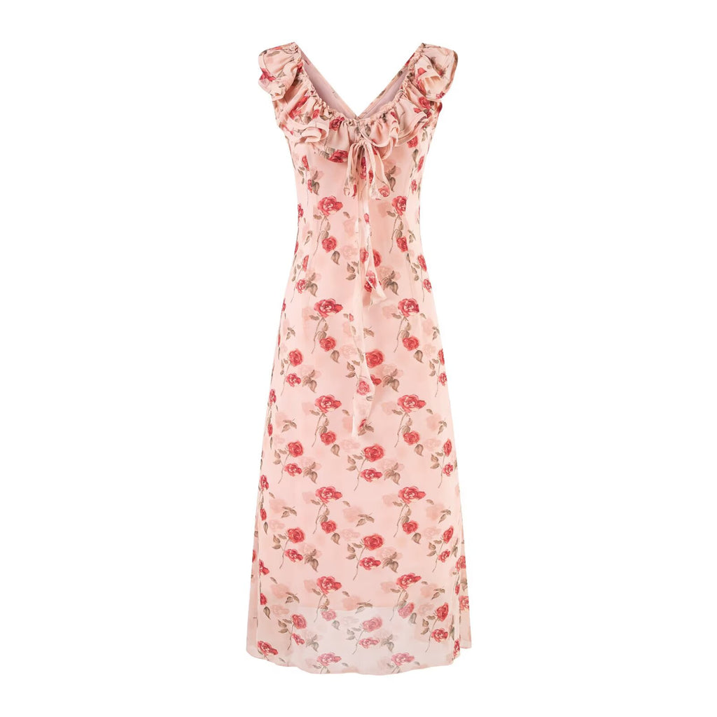 Vacation V neck Floral Flying Sleeves Dress Waist Slimming A line Long Dress