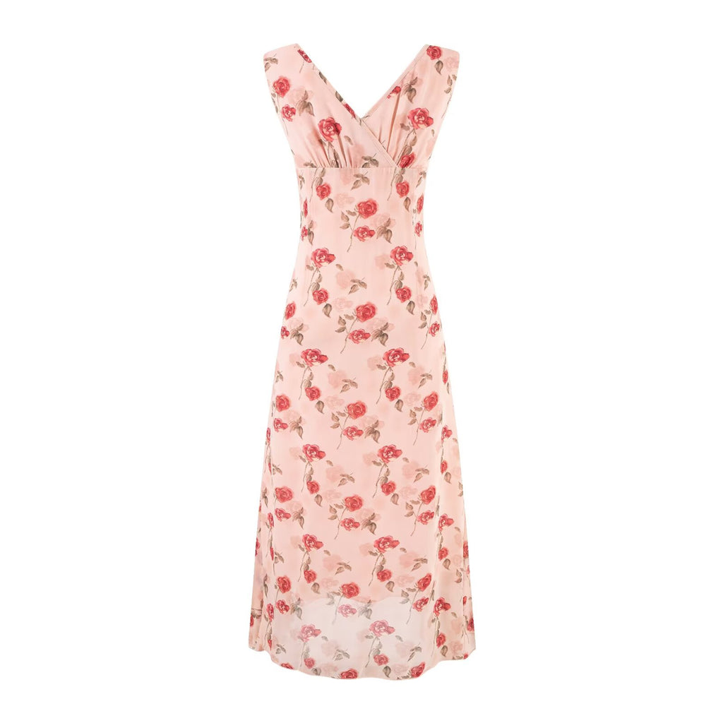 Vacation V neck Floral Flying Sleeves Dress Waist Slimming A line Long Dress