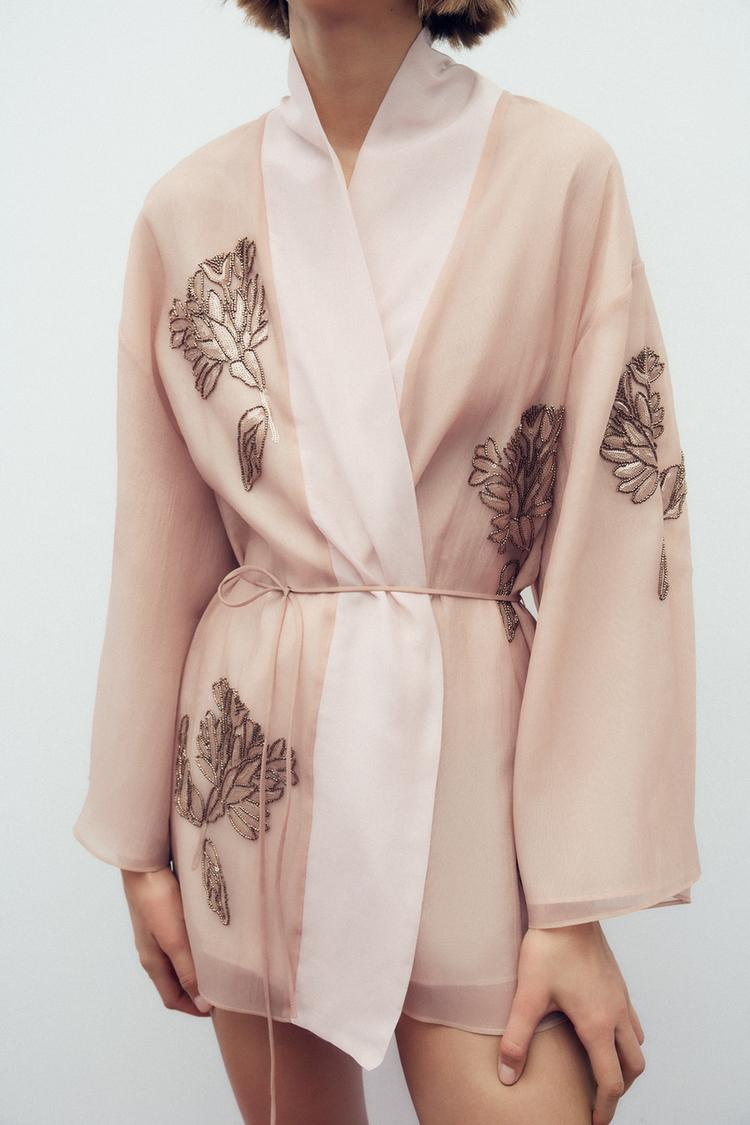 Women Beaded Blended Short Kimono Overcoat Coat