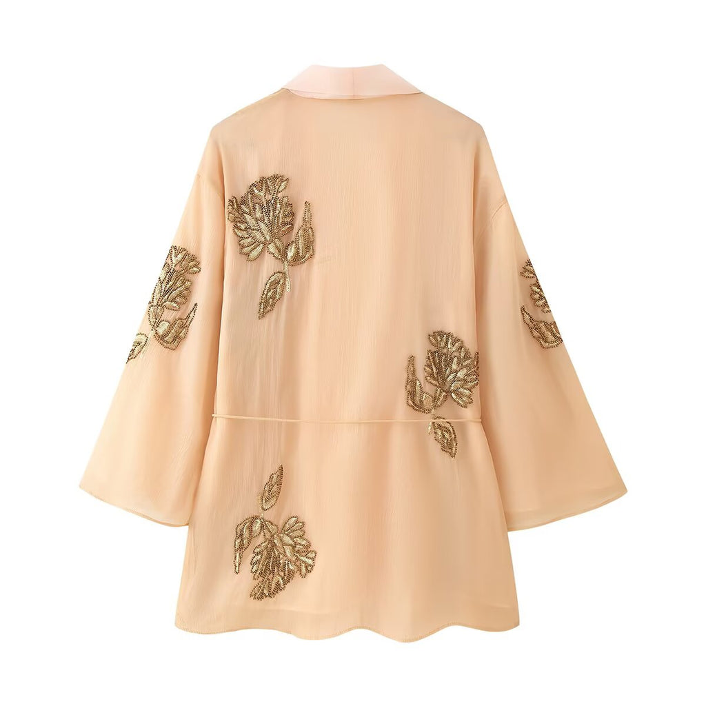 Women Beaded Blended Short Kimono Overcoat Coat