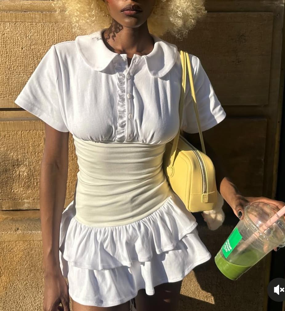 Same as Bloggers Doll Collar Fungus Drop Shoulder Short Sleeve Contrast Color Layer Waist Trimming Short Slim Fit Dress
