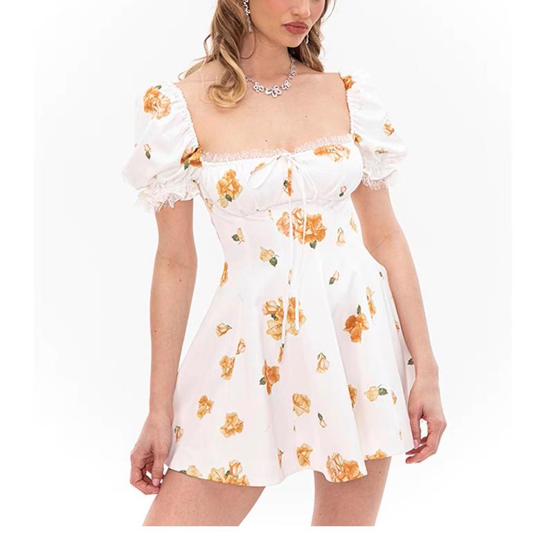 French Sweet Printed Design Puff Sleeve Tube Top Lace Stitching Tied A line Dress Short for Women