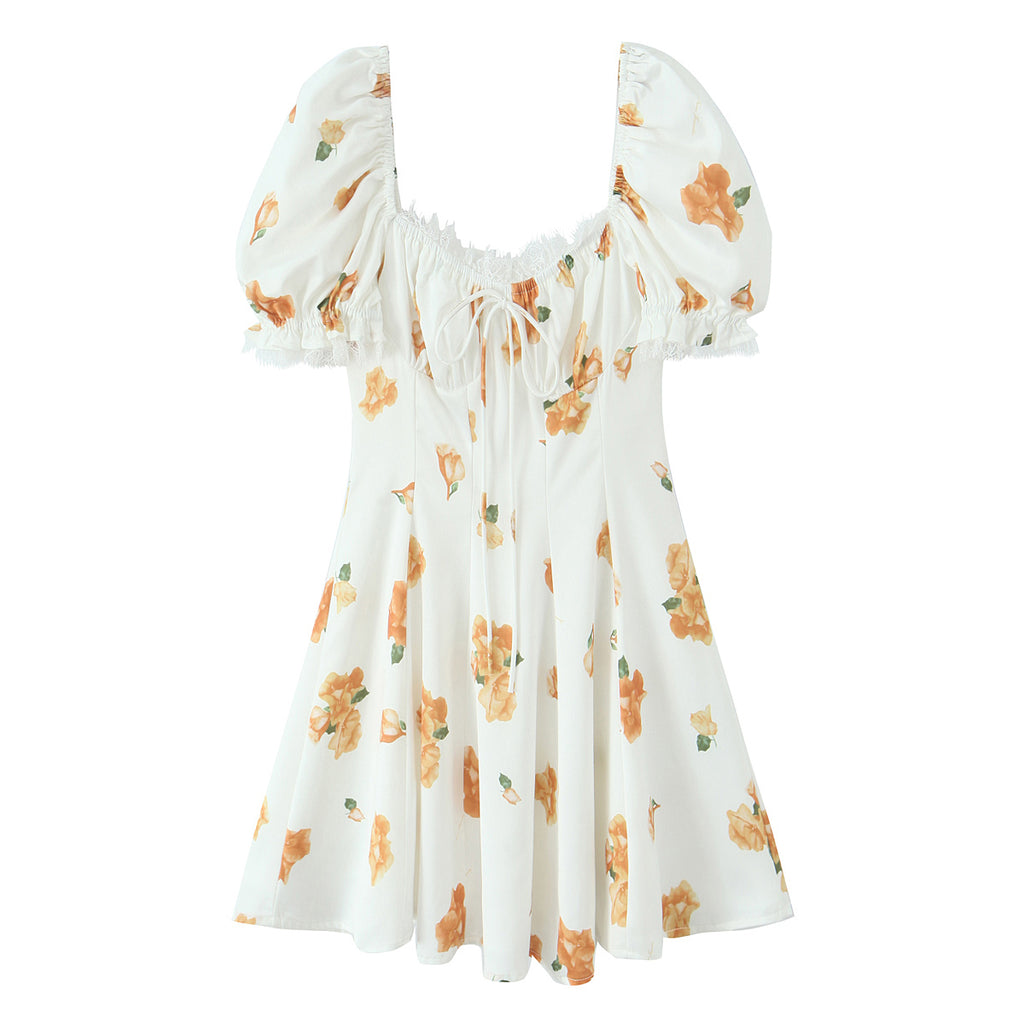 French Sweet Printed Design Puff Sleeve Tube Top Lace Stitching Tied A line Dress Short for Women