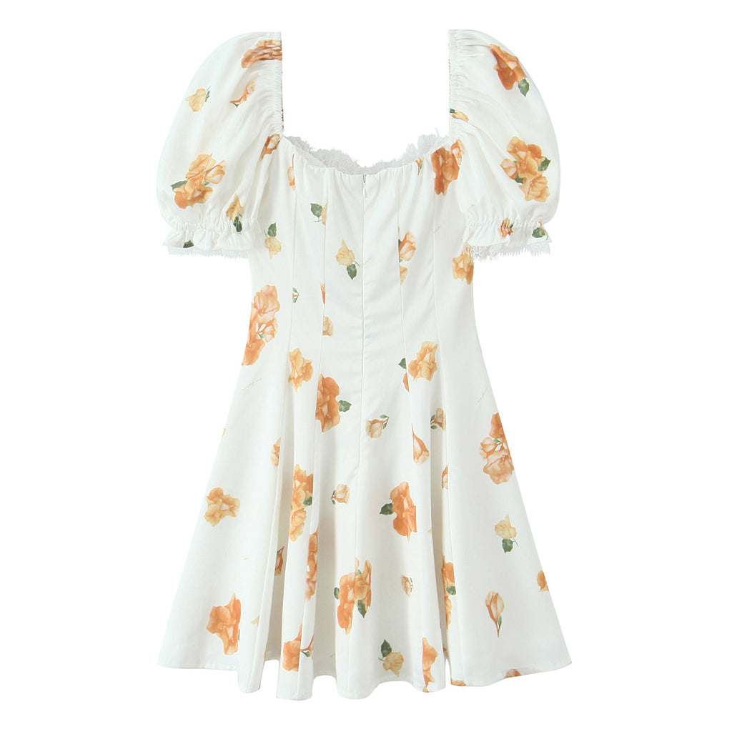 French Sweet Printed Design Puff Sleeve Tube Top Lace Stitching Tied A line Dress Short for Women