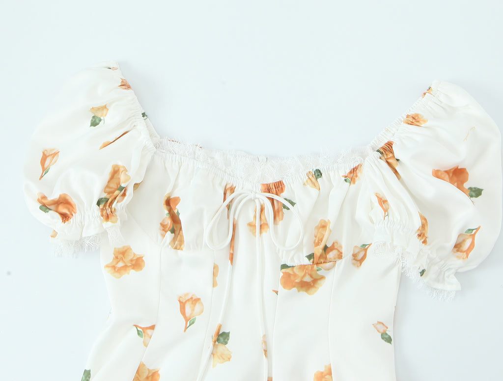 French Sweet Printed Design Puff Sleeve Tube Top Lace Stitching Tied A line Dress Short for Women