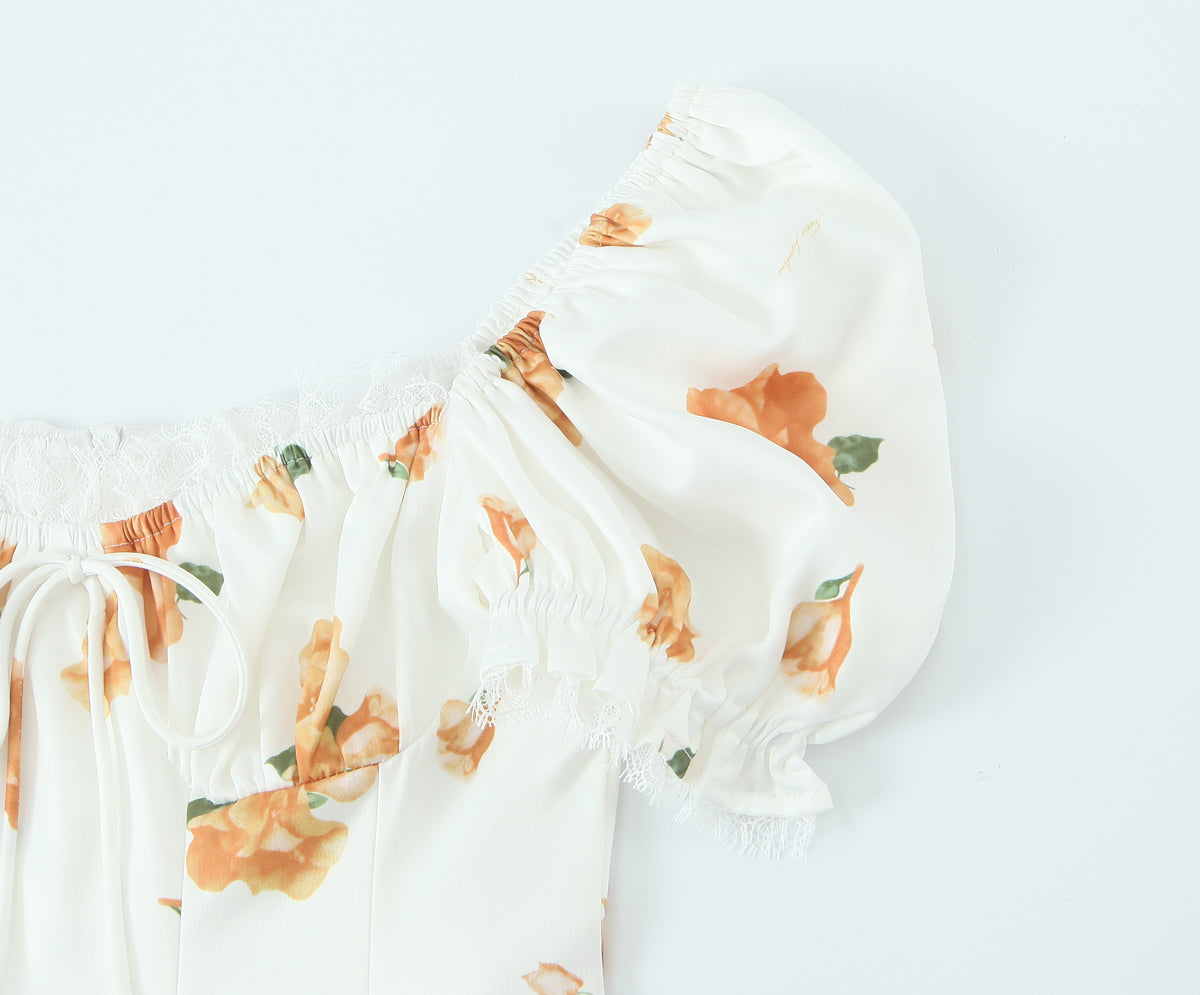 French Sweet Printed Design Puff Sleeve Tube Top Lace Stitching Tied A line Dress Short for Women
