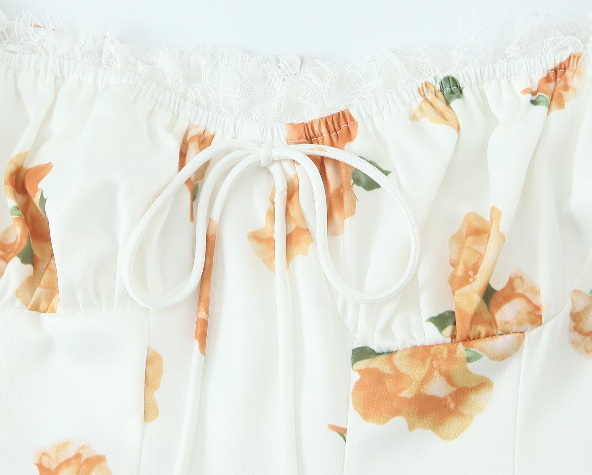 French Sweet Printed Design Puff Sleeve Tube Top Lace Stitching Tied A line Dress Short for Women