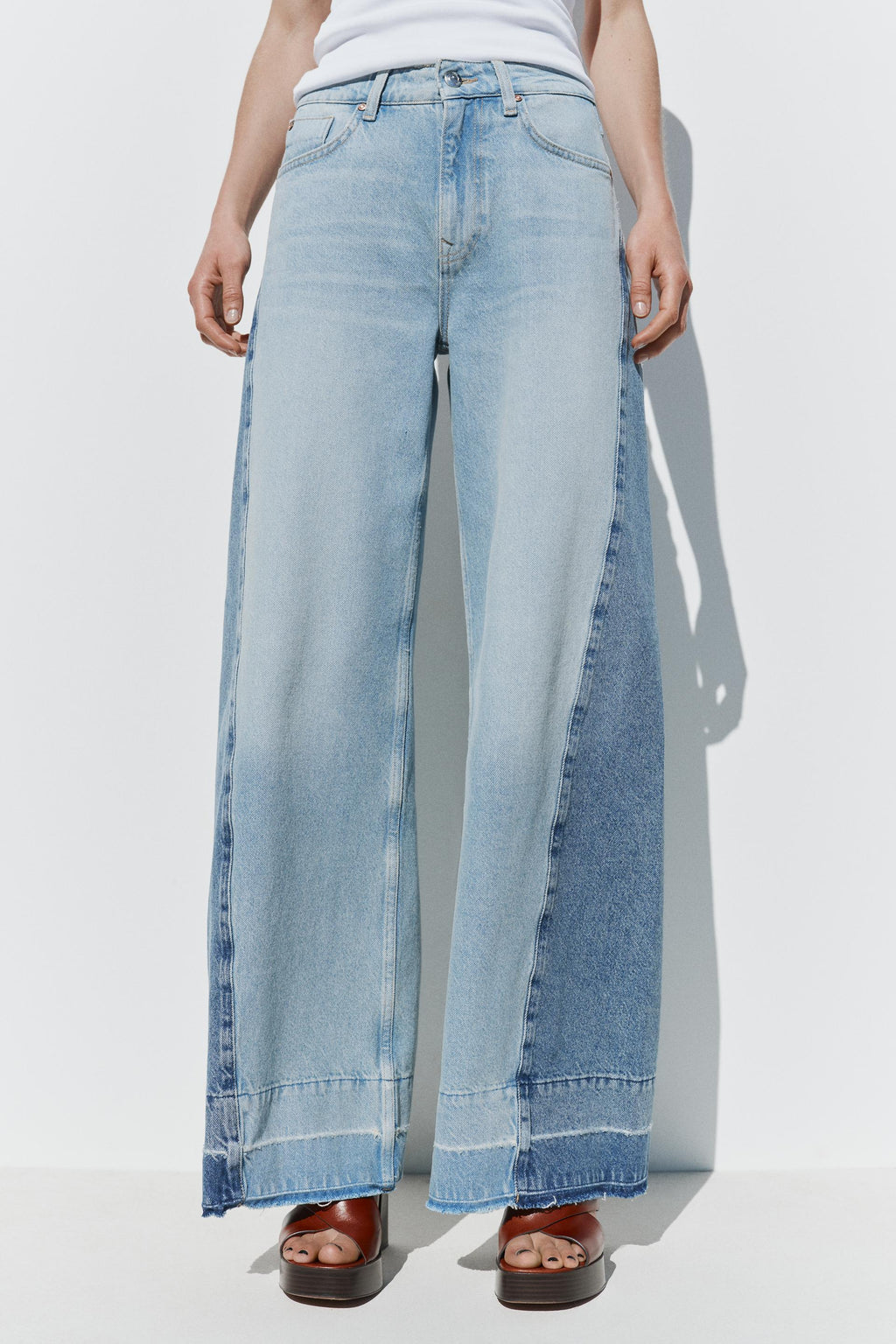 Women Elegant Stitching High Waist Wide Leg Jeans Trousers