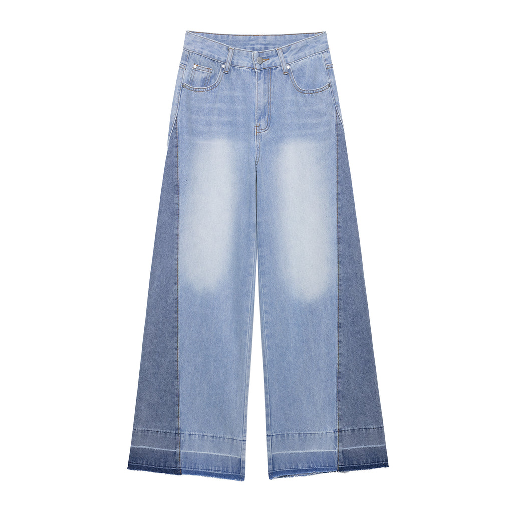 Women Elegant Stitching High Waist Wide Leg Jeans Trousers