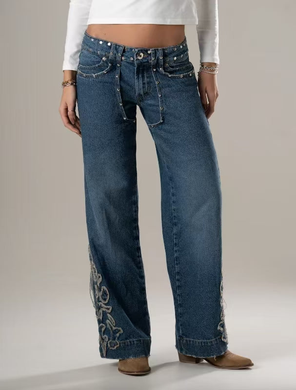 Women Clothing Fashionable Temperamental All Match Rivet Decorative Embroidered Low Waist Jeans Trousers