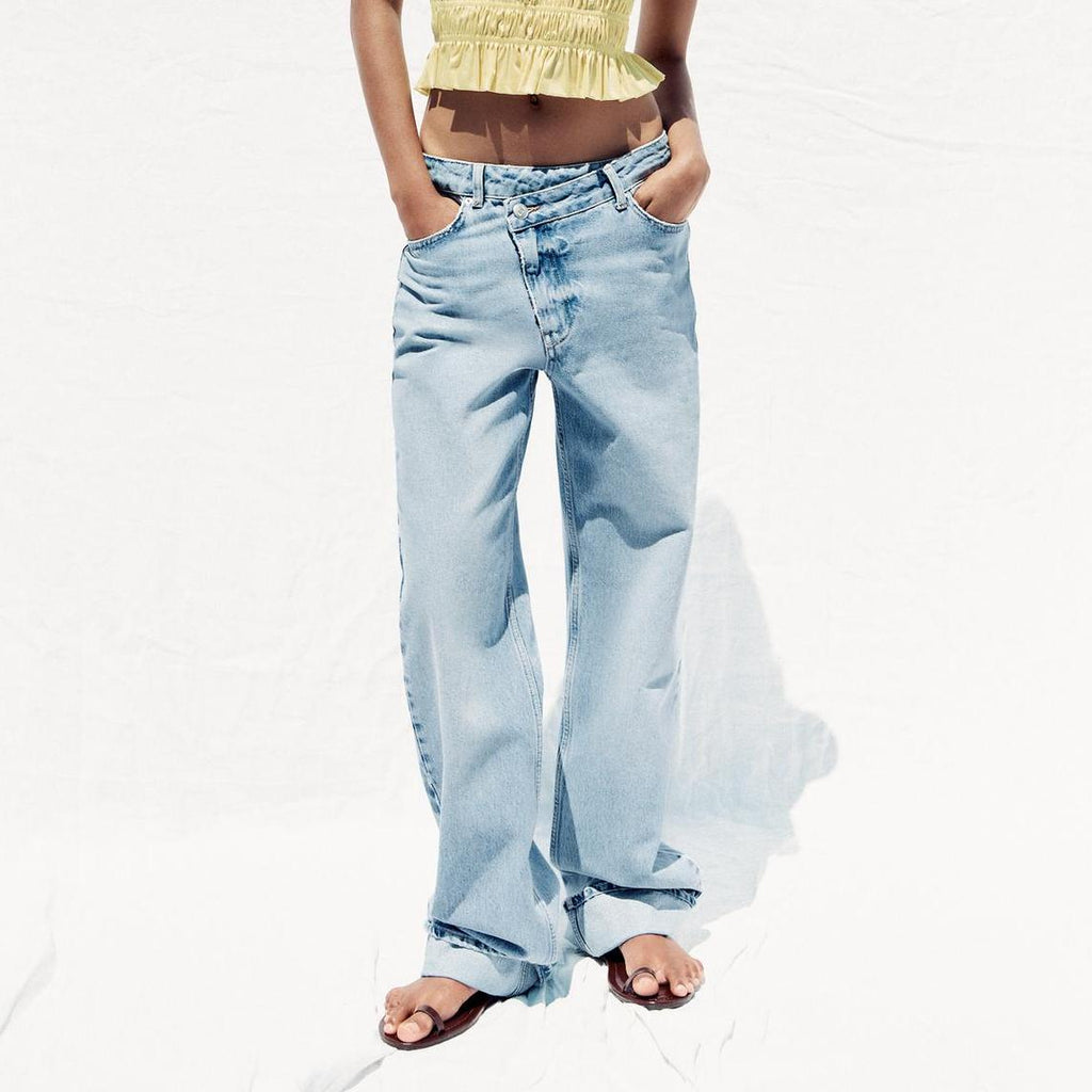 Women Clothing Summer Double Breasted Waist High Waist Long Straight Ankle Jeans