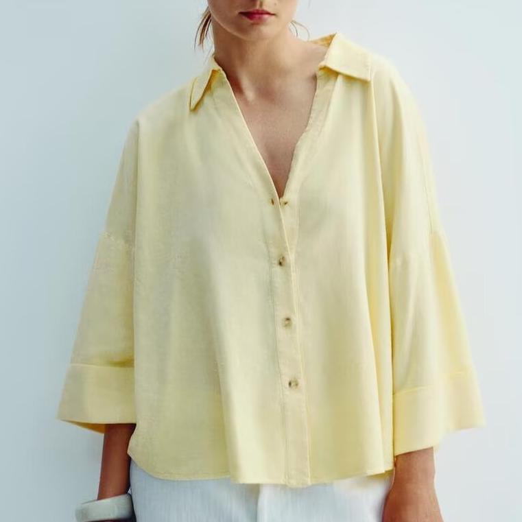 Summer Women Linen Blended Wide Sleeve Long Sleeve Tops Shirt Women