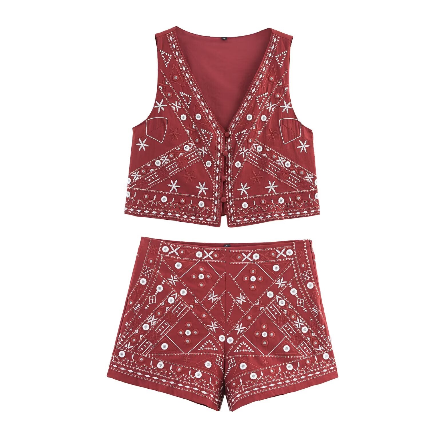 Women Clothing Mirror Surface Result Decorative Embroidered Vest Shorts Set