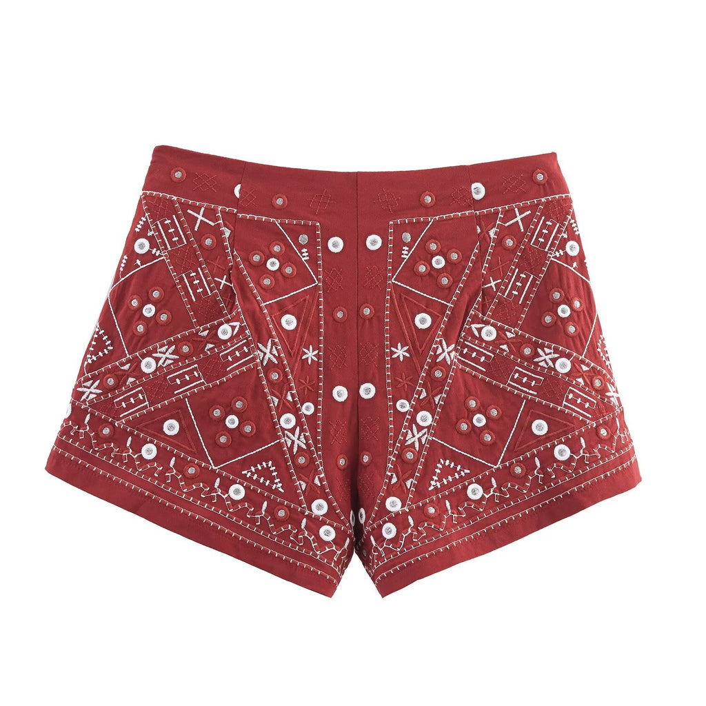 Women Clothing Mirror Surface Result Decorative Embroidered Vest Shorts Set