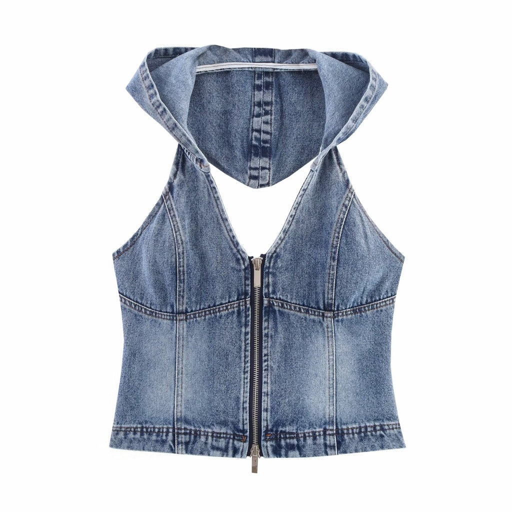 Summer Hollowed out Backless Hooded Denim Shirt Women Sexy Slim Fit Zipper Sleeveless Cardigan Vest