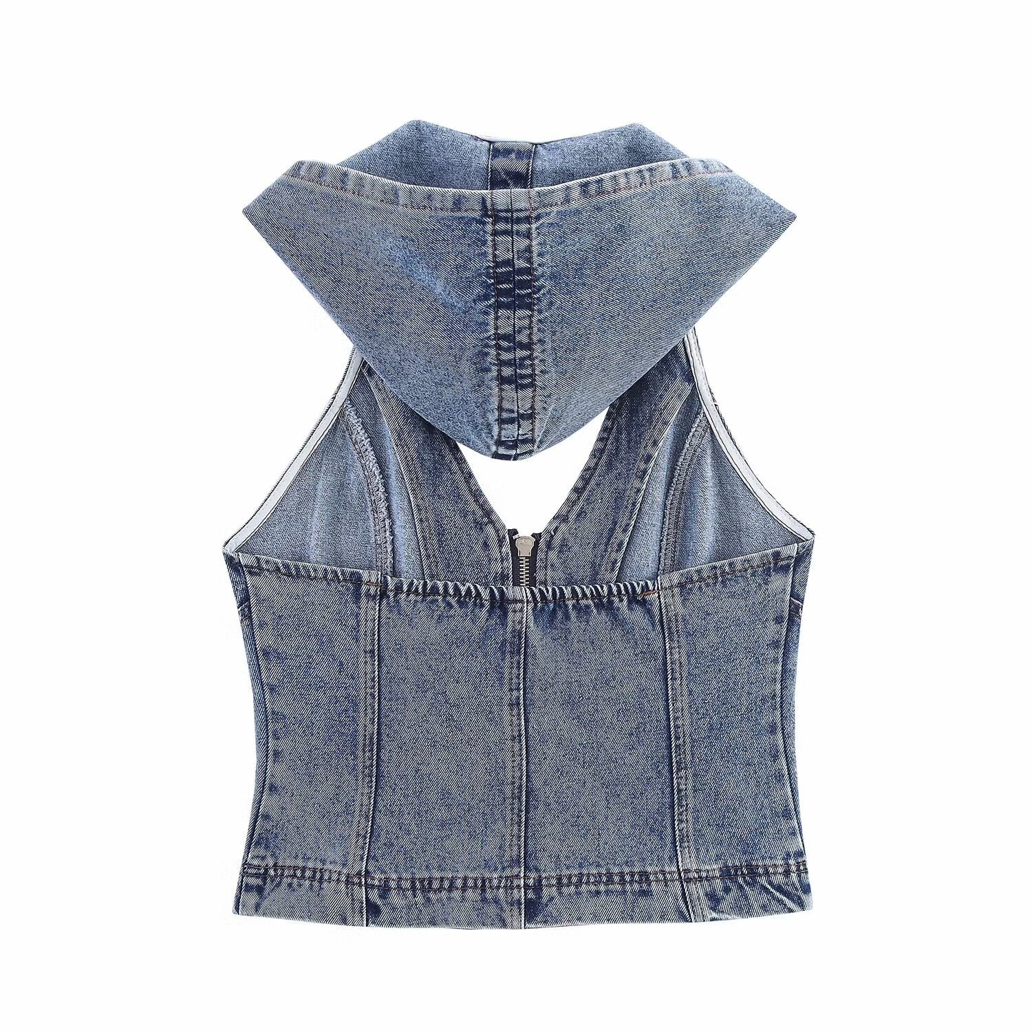 Summer Hollowed out Backless Hooded Denim Shirt Women Sexy Slim Fit Zipper Sleeveless Cardigan Vest