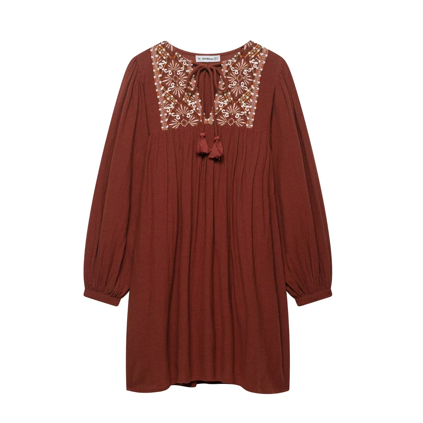Women round Neck Long Sleeve Artistic Short Dress