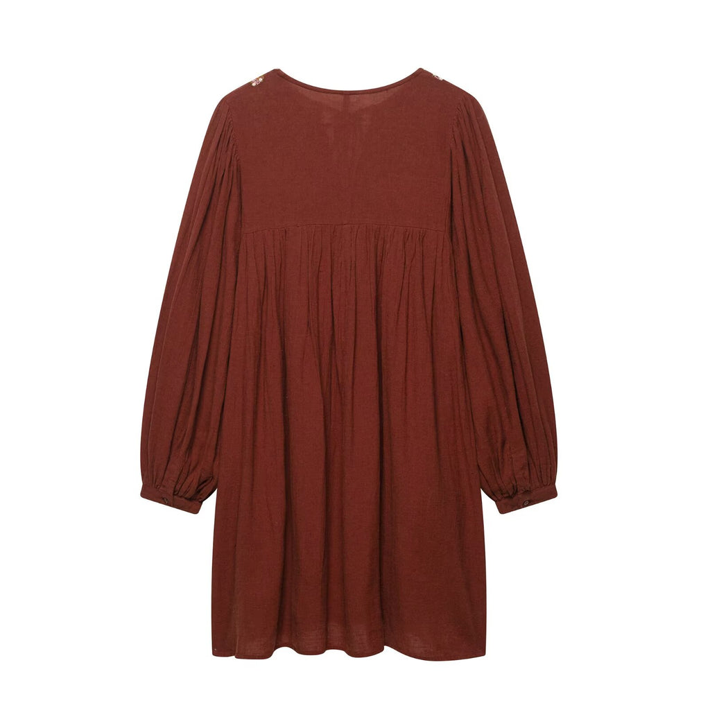 Women round Neck Long Sleeve Artistic Short Dress