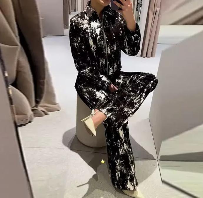 Women Print Flocking Jacket Coat Casual Pants Suit