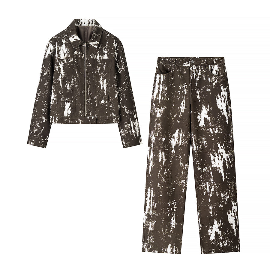 Women Print Flocking Jacket Coat Casual Pants Suit