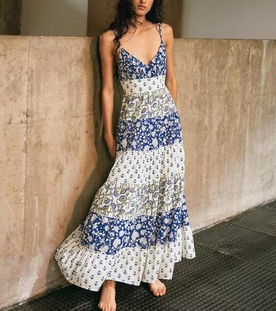 Women Wear Patchwork Printing Layered Stitching Dress