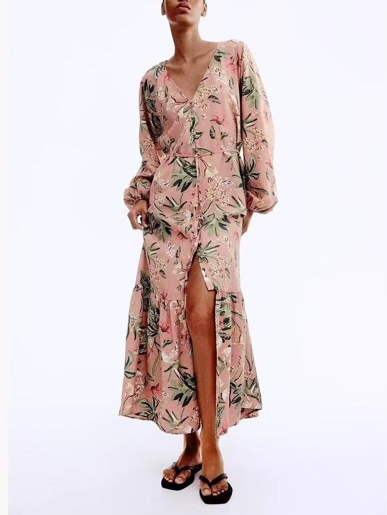 Summer Wind Women Rayon Printed Belt Bohemian Casual Loose Dress