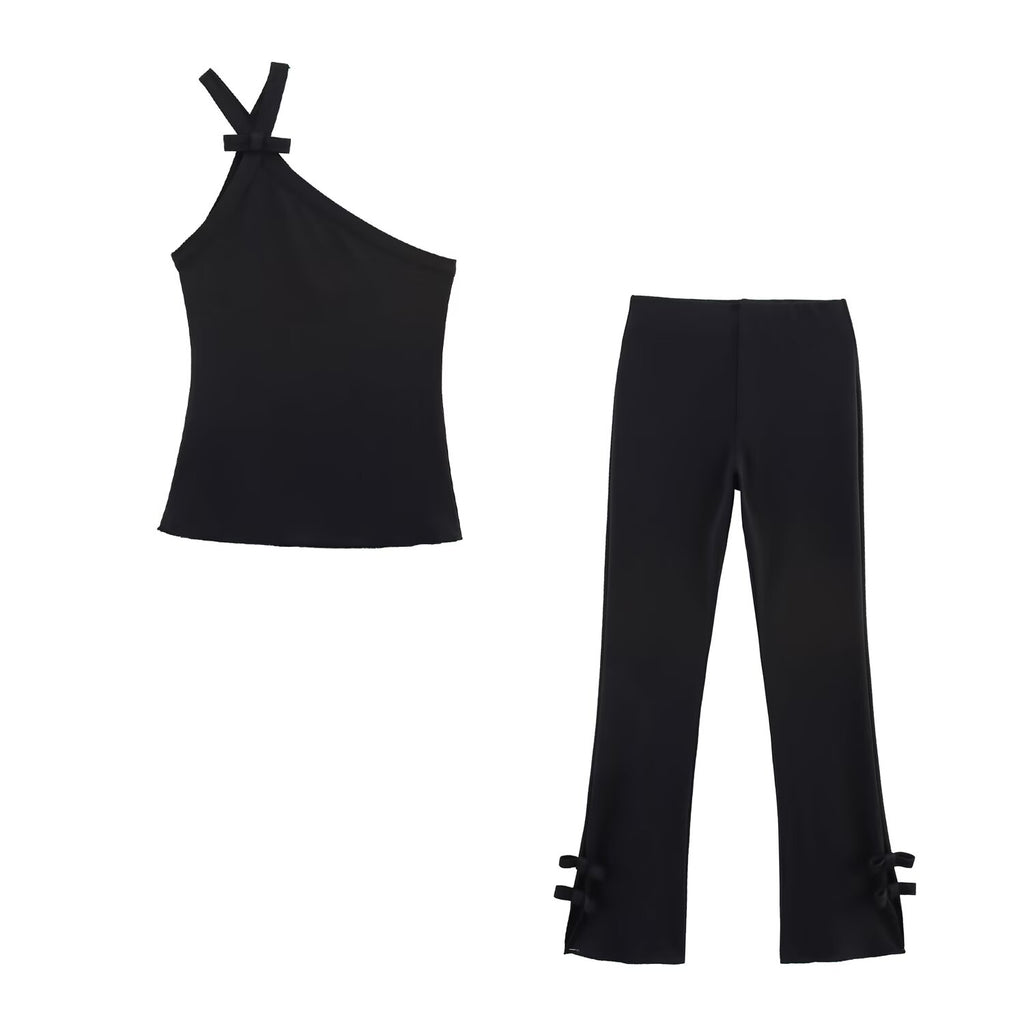 Women Wear Bowknot Decoration Asymmetric Top Bell Bottom Pants Sets