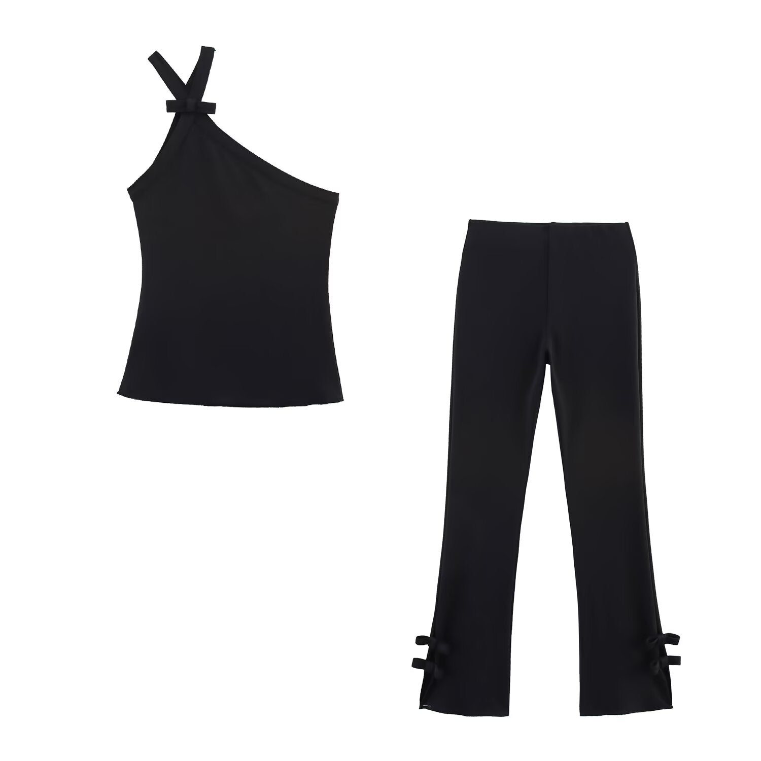 Women Wear Bowknot Decoration Asymmetric Top Bell Bottom Pants Sets