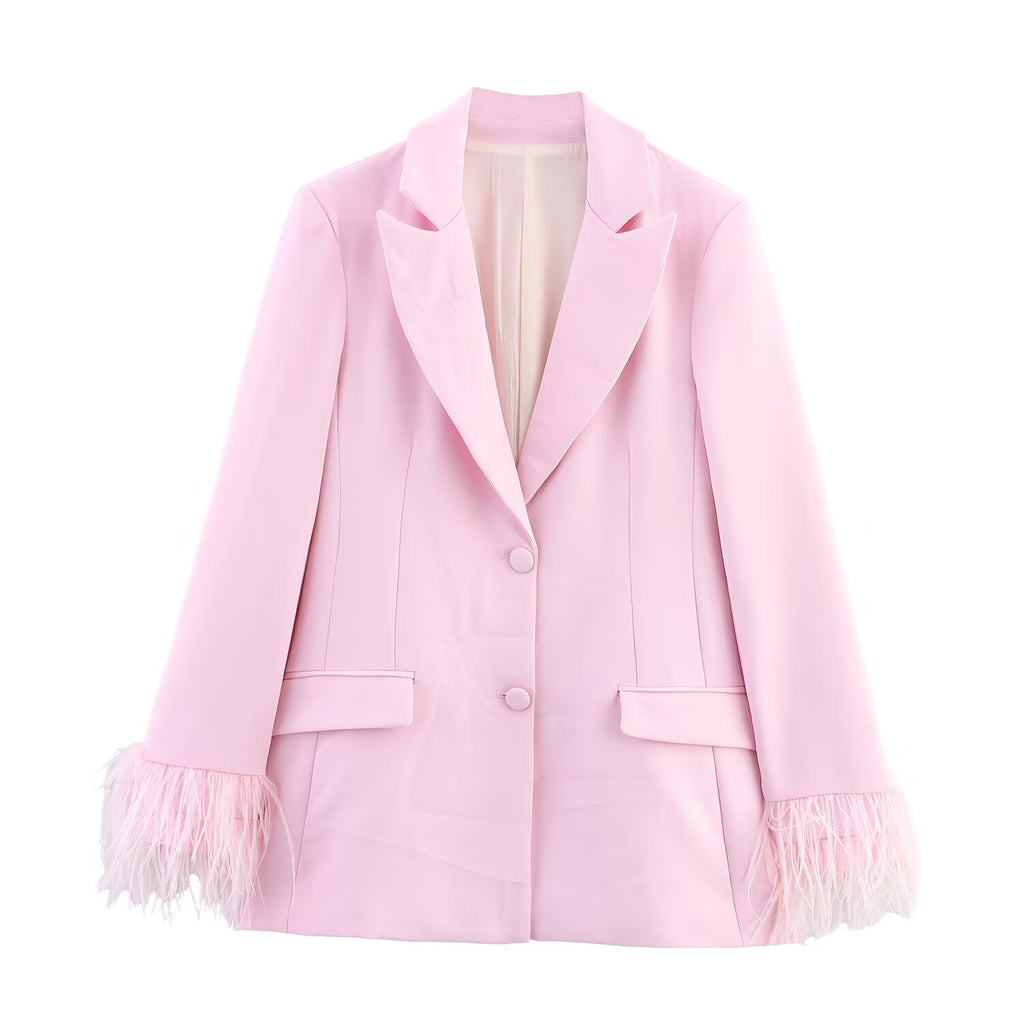 Women Feather Cuff Blazer Elegant Straight Leg Trousers Sets