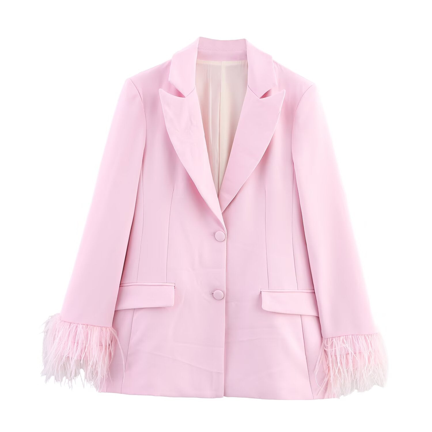 Women Feather Cuff Blazer Elegant Straight Leg Trousers Sets