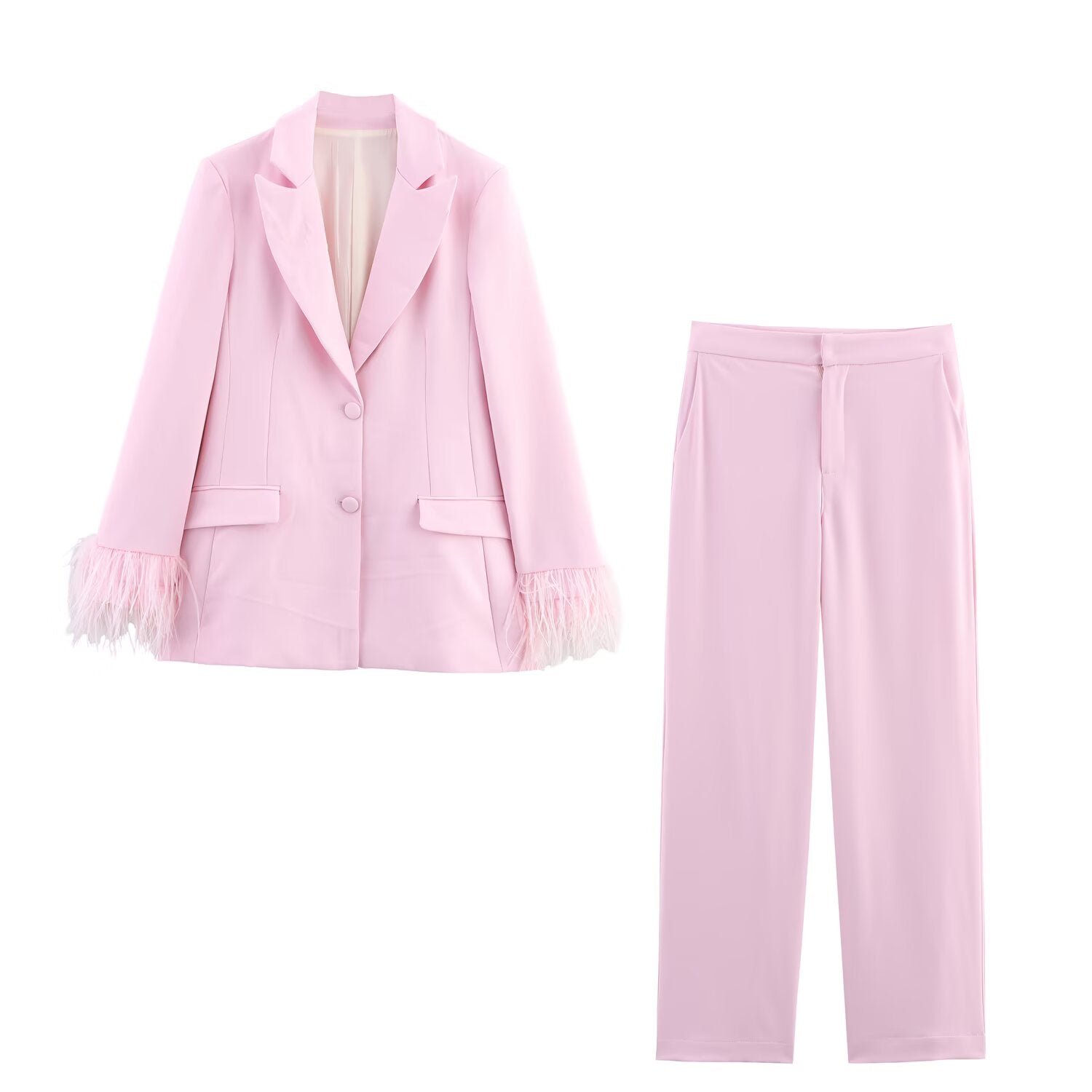 Women Feather Cuff Blazer Elegant Straight Leg Trousers Sets