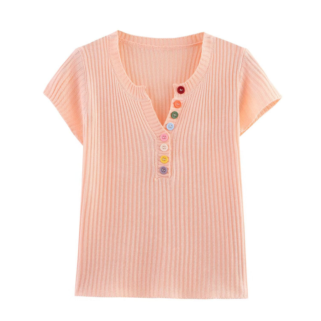 Women Summer V neck Short Sleeve All Matching Sweater Slim Fit Top