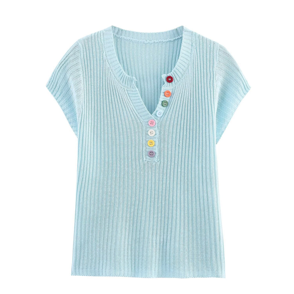 Women Summer V neck Short Sleeve All Matching Sweater Slim Fit Top