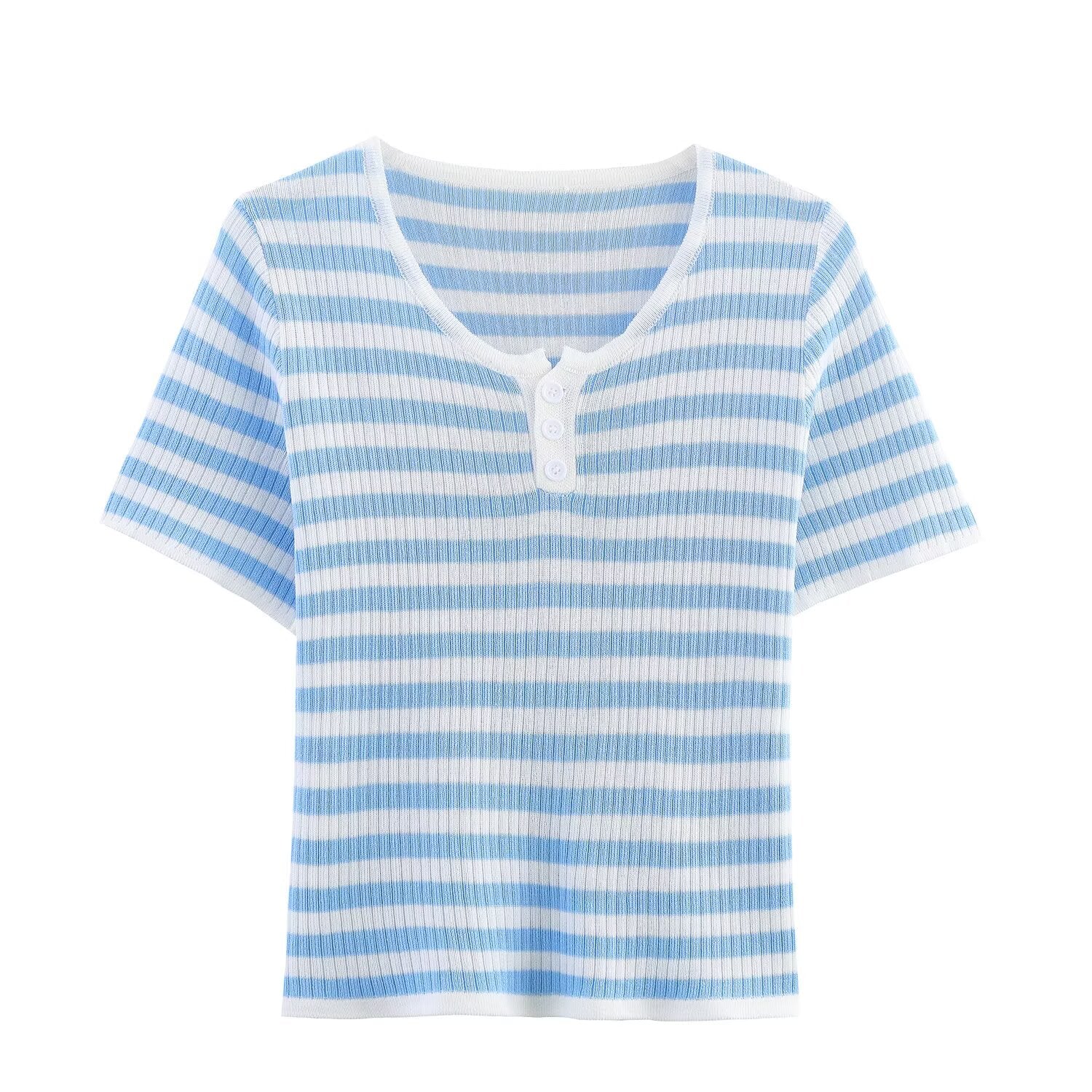 Summer Striped Short Sleeved T shirt for Women Niche round Neck Stretch Slim Fit Top