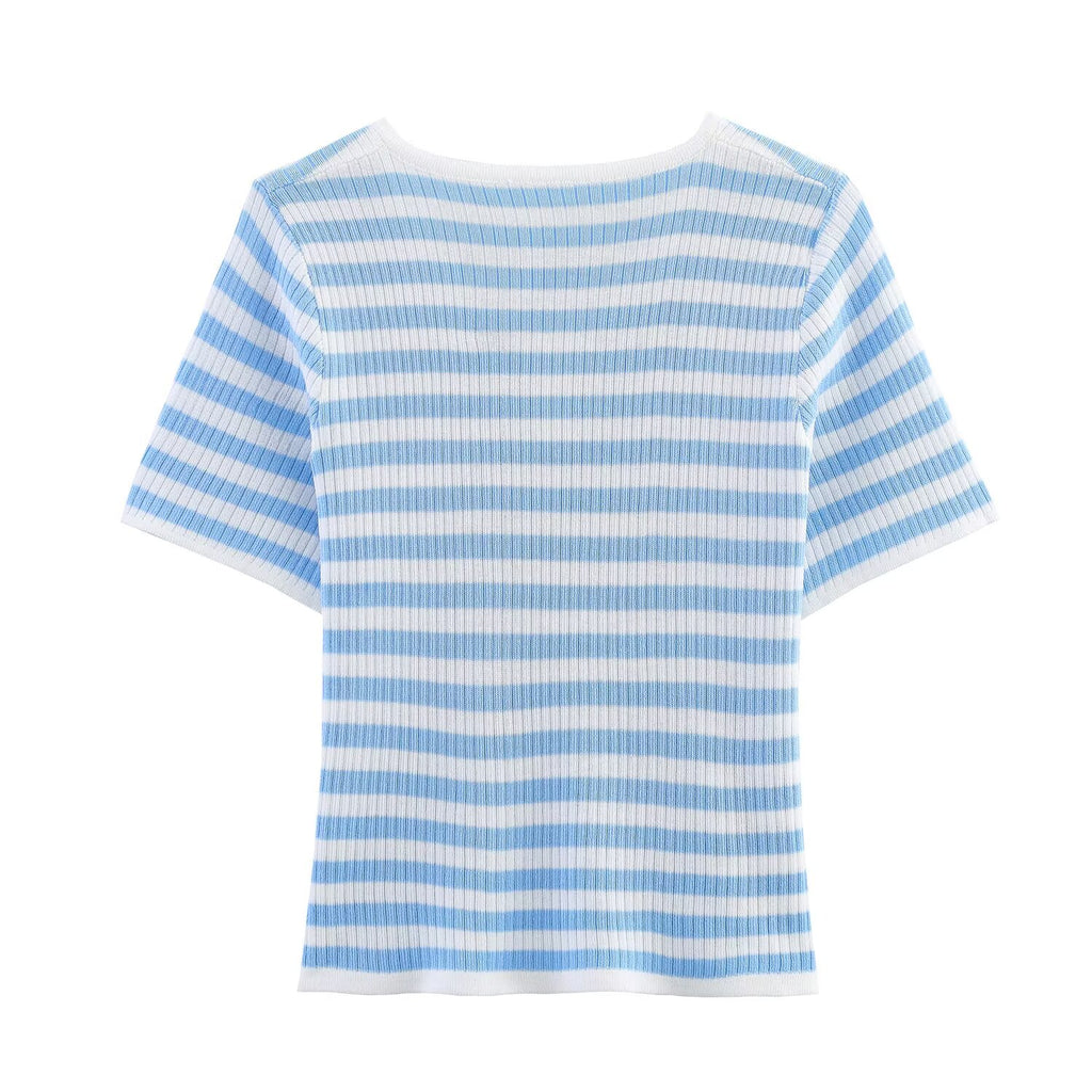 Summer Striped Short Sleeved T shirt for Women Niche round Neck Stretch Slim Fit Top