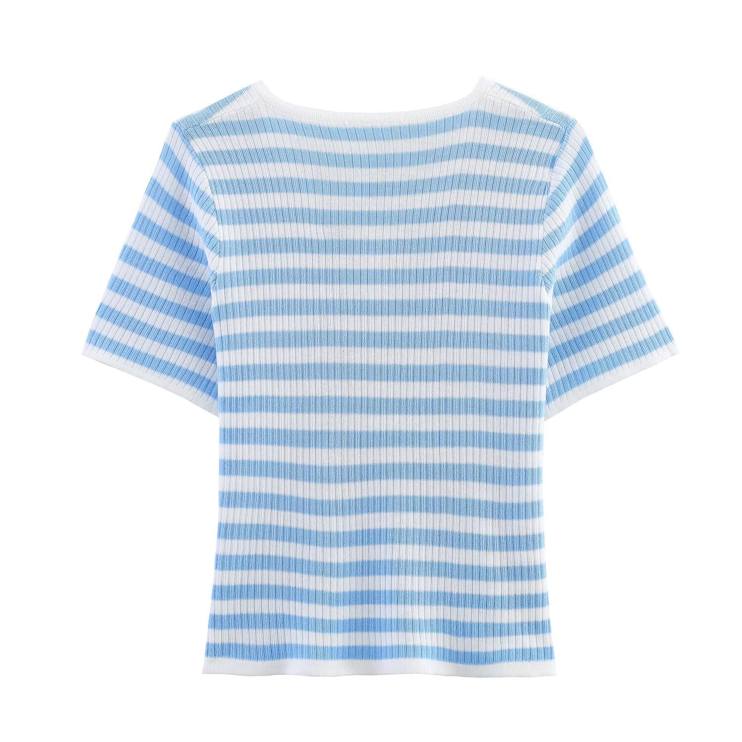 Summer Striped Short Sleeved T shirt for Women Niche round Neck Stretch Slim Fit Top
