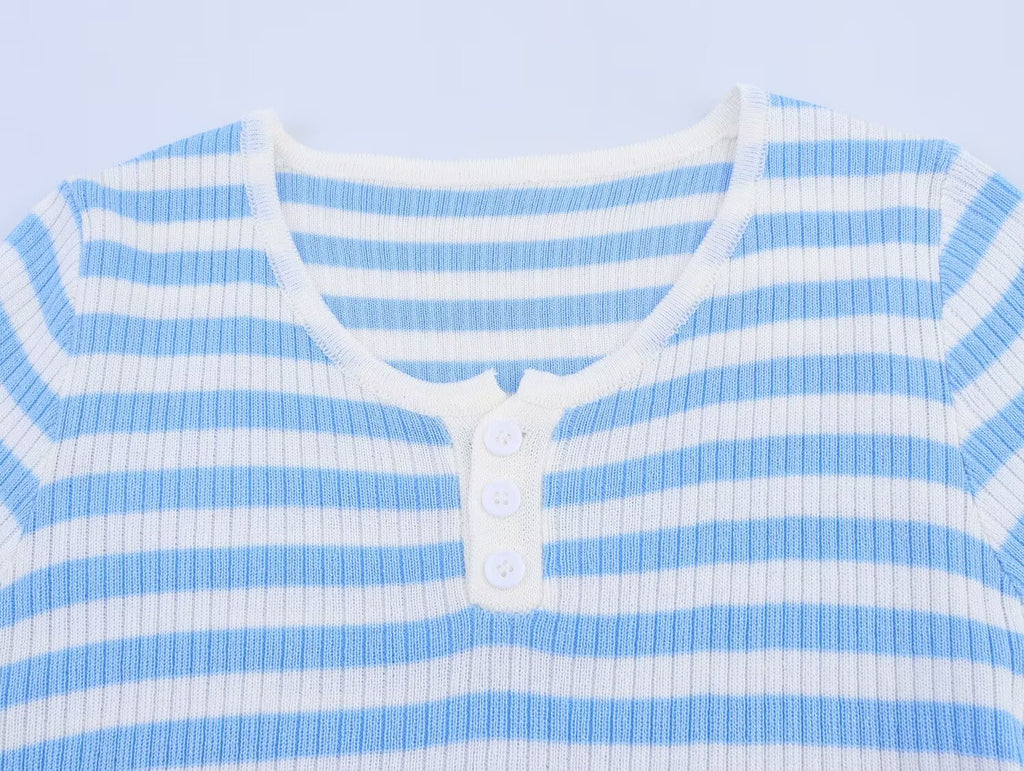 Summer Striped Short Sleeved T shirt for Women Niche round Neck Stretch Slim Fit Top