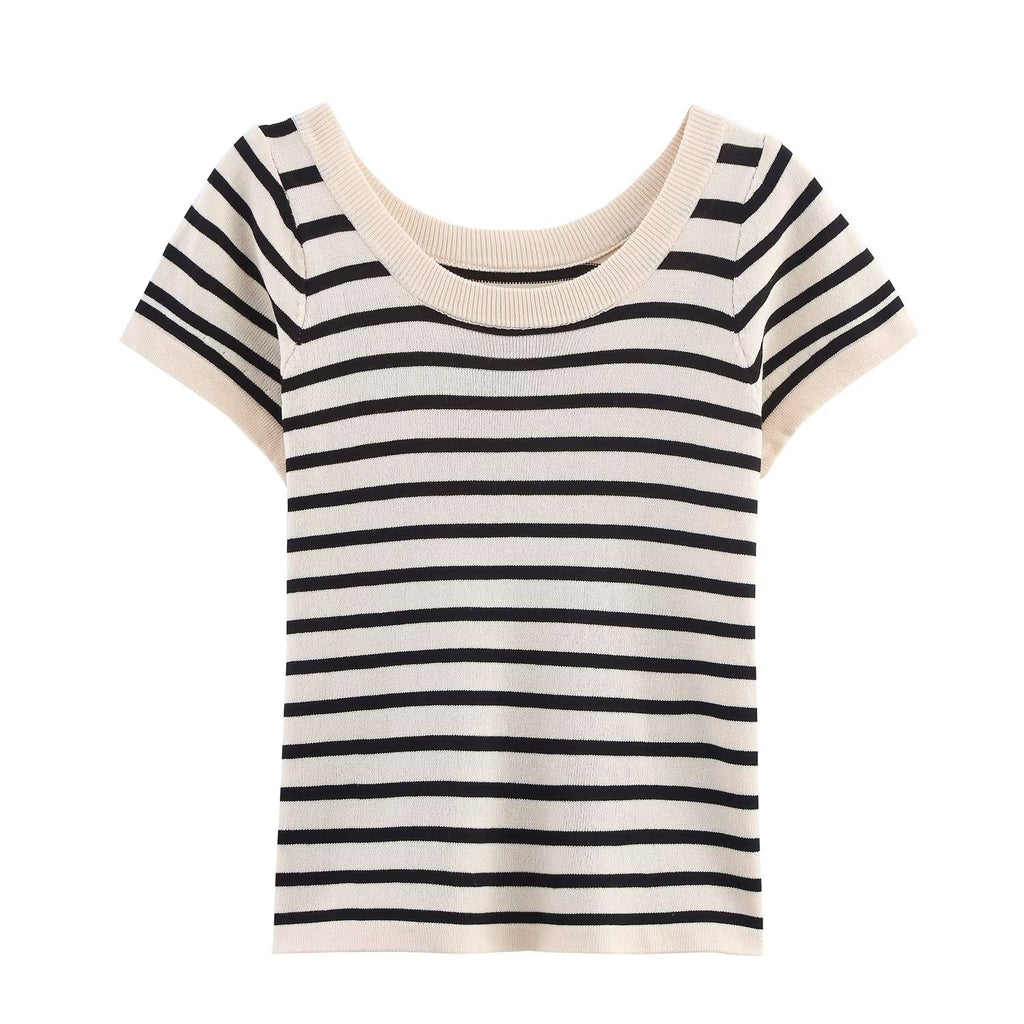 Summer Women Stylish Simple round Neck Striped Short Sleeve Sweater