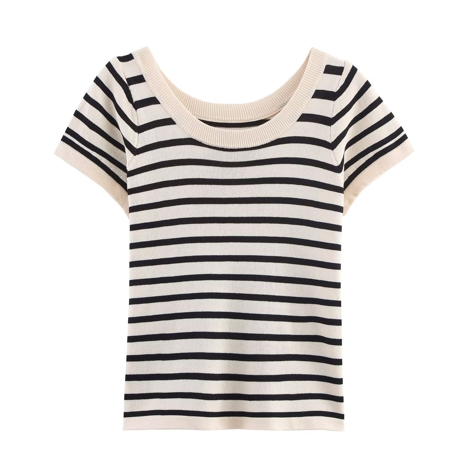 Summer Women Stylish Simple round Neck Striped Short Sleeve Sweater
