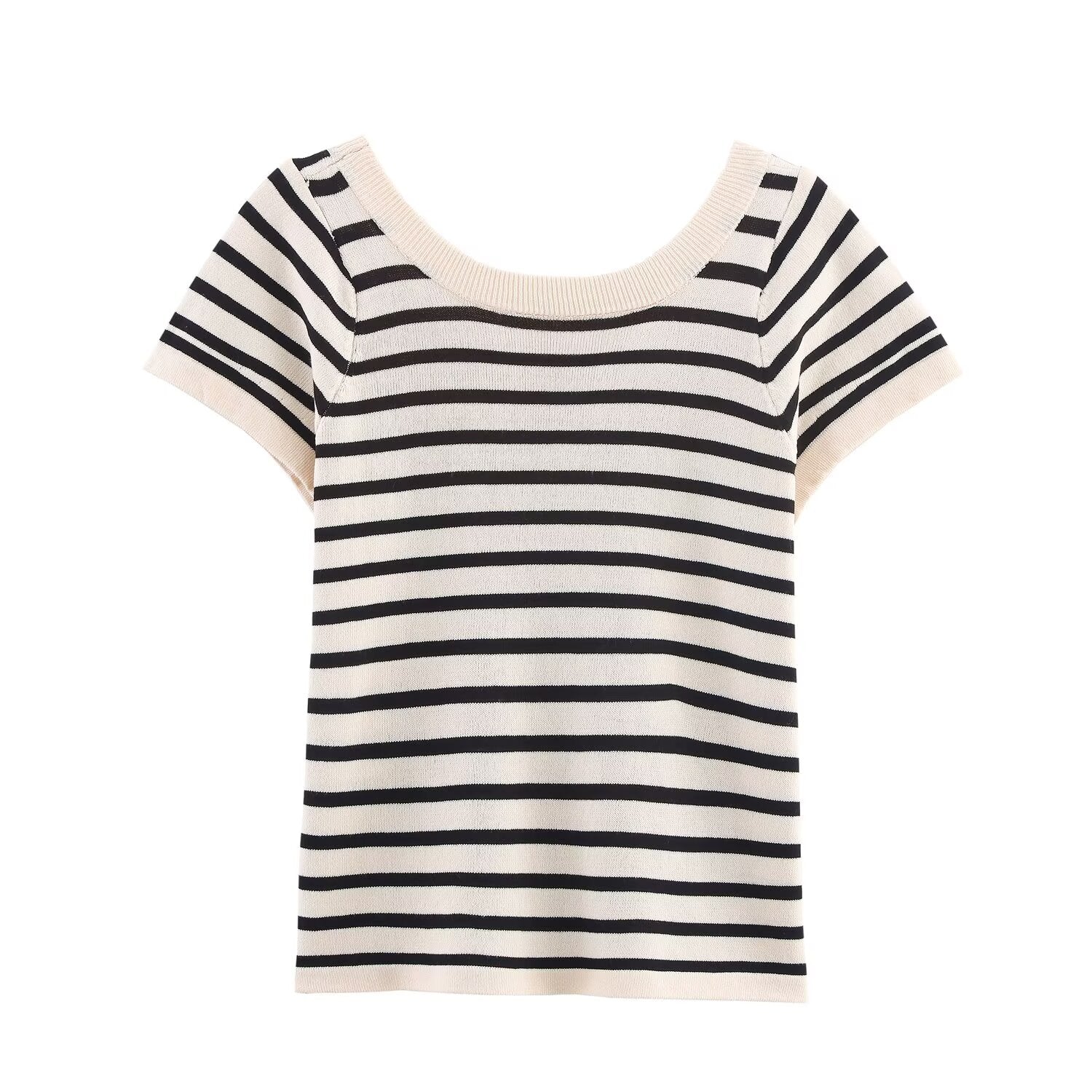 Summer Women Stylish Simple round Neck Striped Short Sleeve Sweater