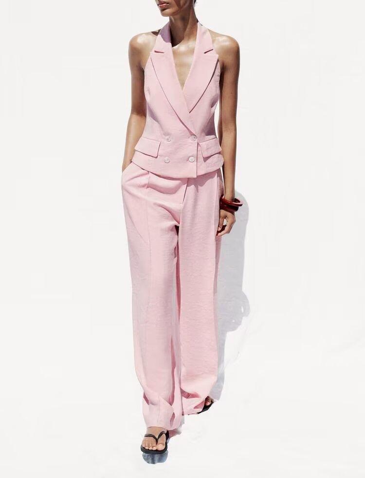 Summer Women Casual Double Breasted Hanging Collar Vest Wide Leg Pants