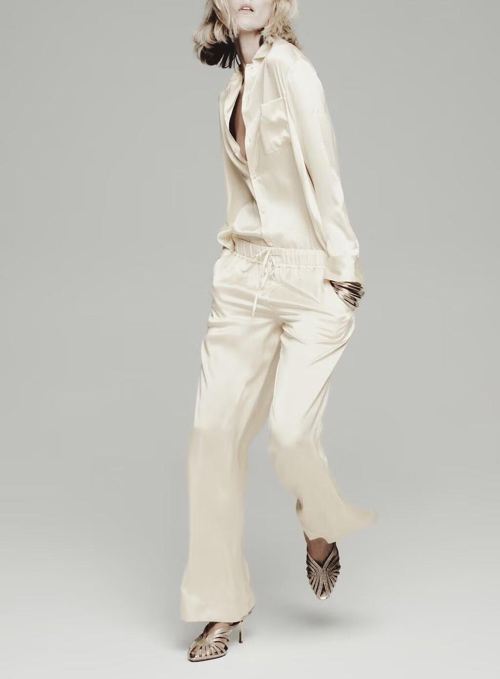 Summer Women Pocket Decoration Pure Silk Shirt Trousers Two Piece Sets Women