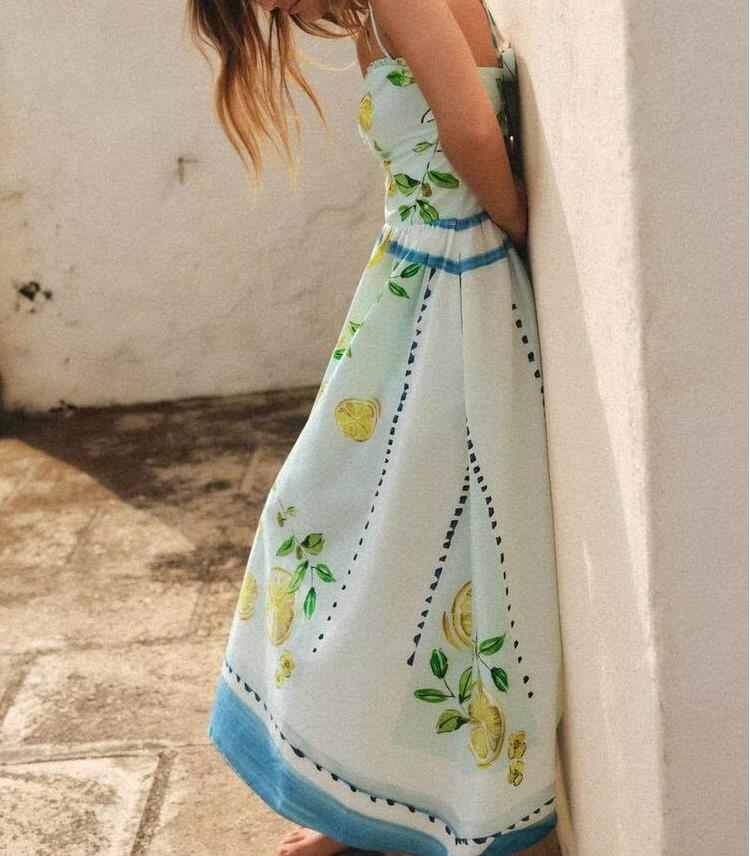 Summer Lemon Printing Lace up Backless Dress