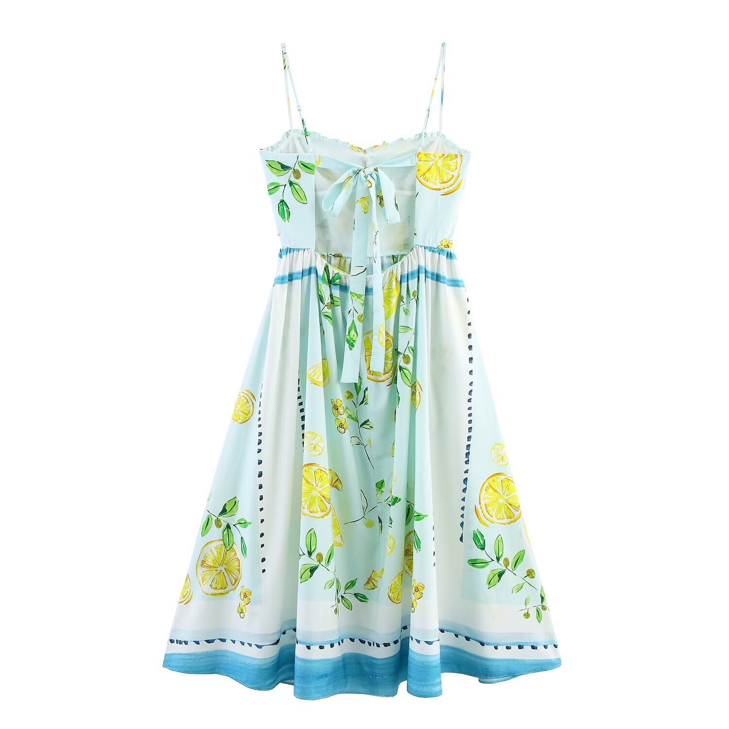 Summer Lemon Printing Lace up Backless Dress