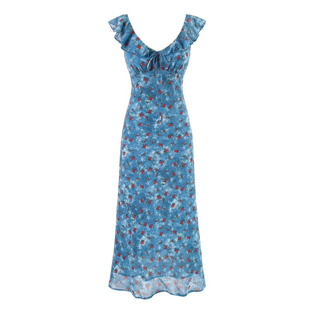 Women Clothing Summer Holiday Blue Printed Ruffled Waist Dress