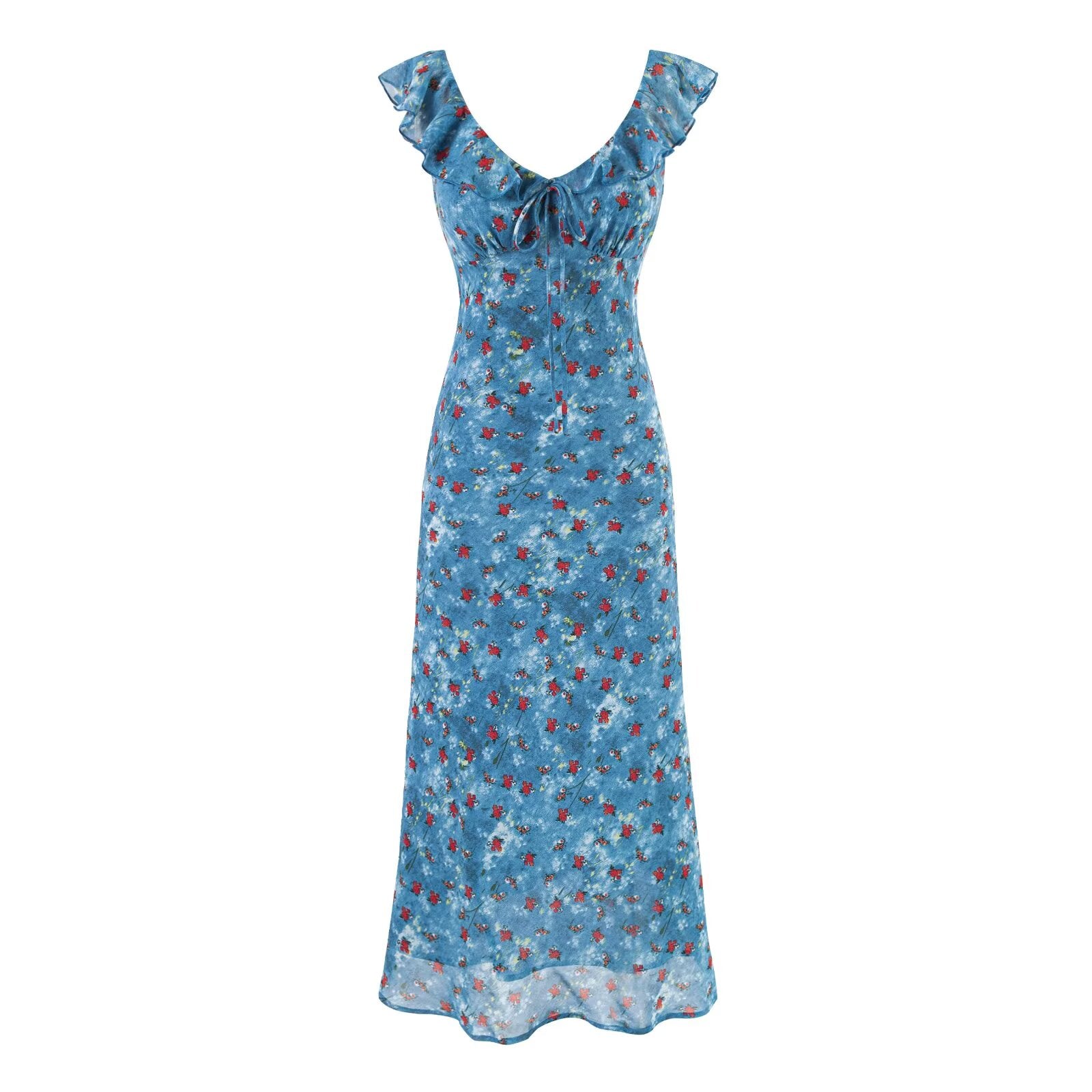 Women Clothing Summer Holiday Blue Printed Ruffled Waist Dress
