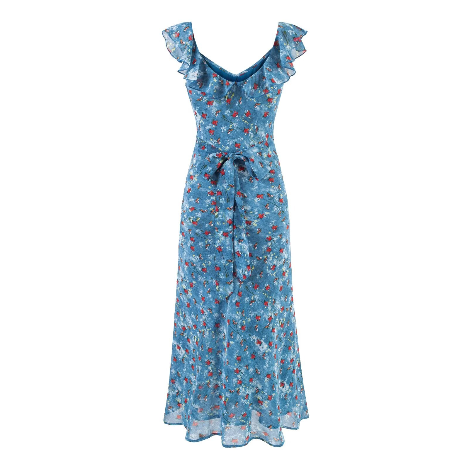 Women Clothing Summer Holiday Blue Printed Ruffled Waist Dress