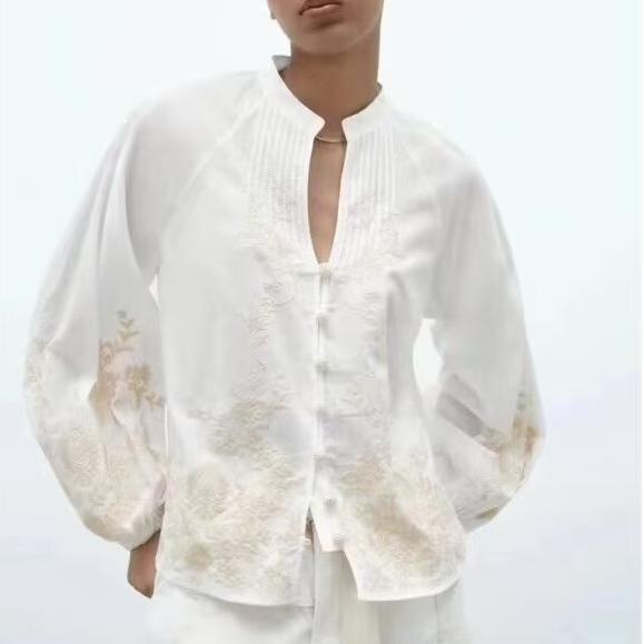 Spring Summer Ethnic Floral Positioning Embroidered Floral Long Sleeve Shirt