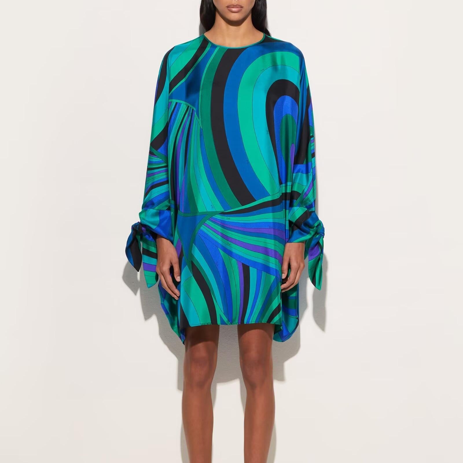 Summer Stitching National Floral Print Long Sleeve Dress